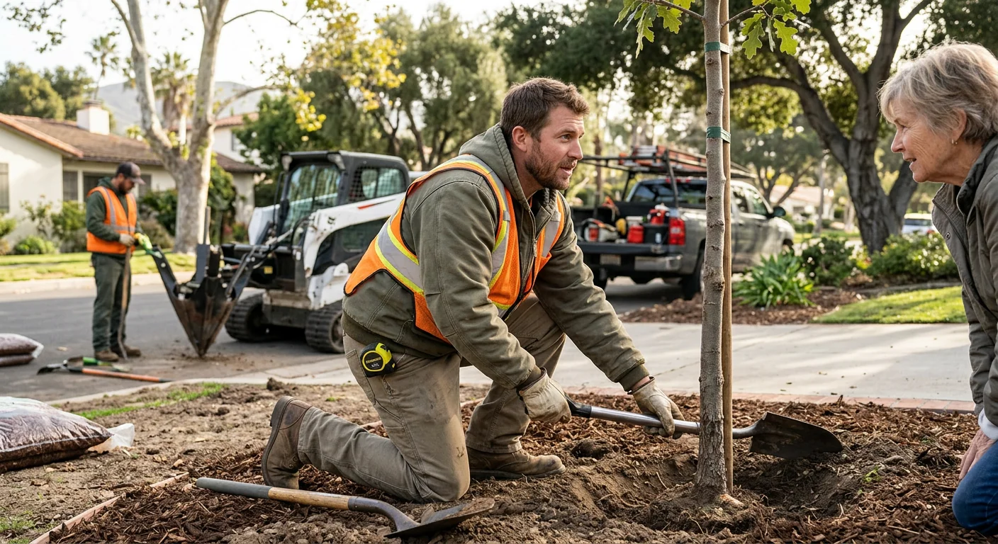 Technician checking root flare depth and soil grade during tree planting service