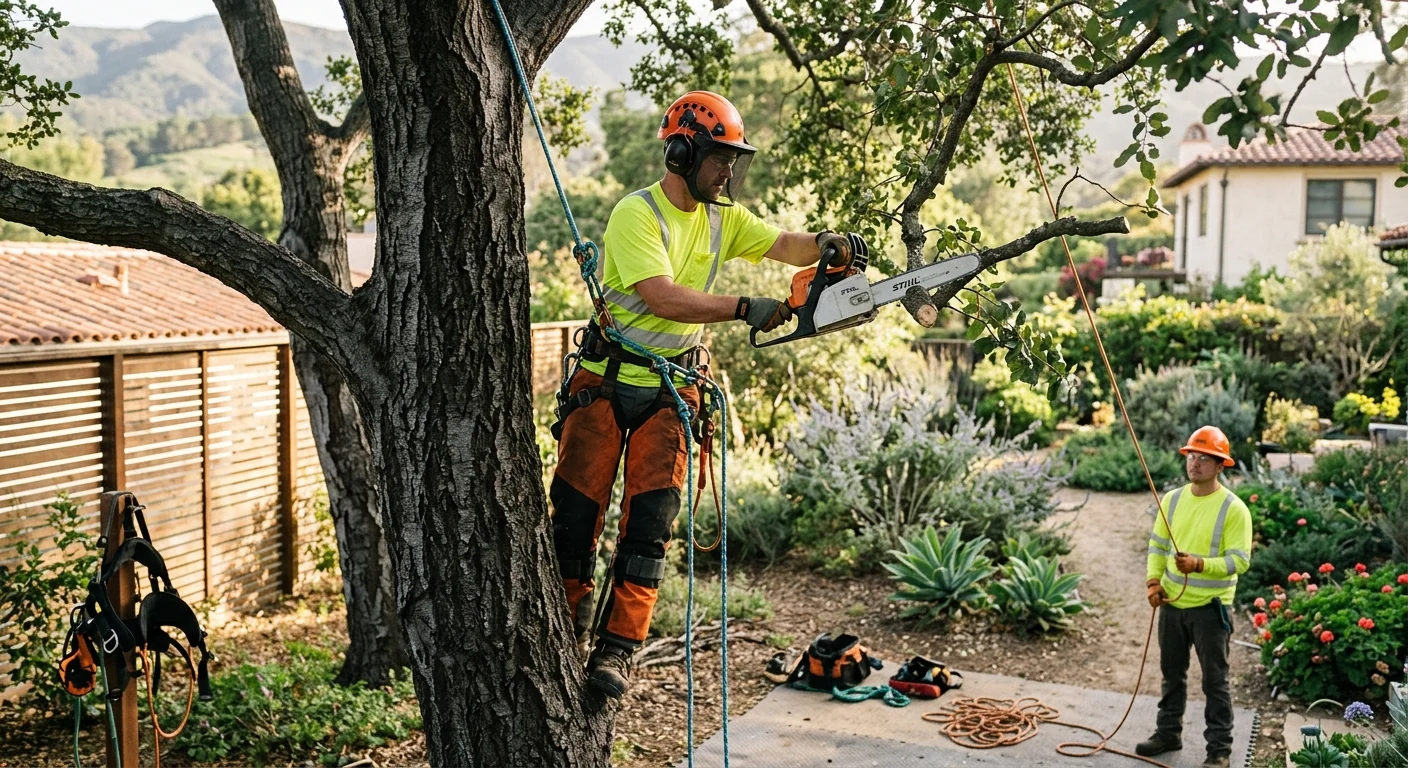 Arborist evaluating a mature oak canopy before pruning at a Carpinteria home
