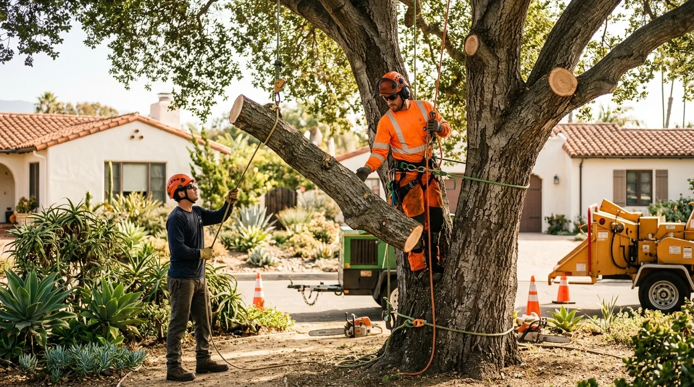 Trained arborist pruning a backyard tree during a Carpinteria home service visit