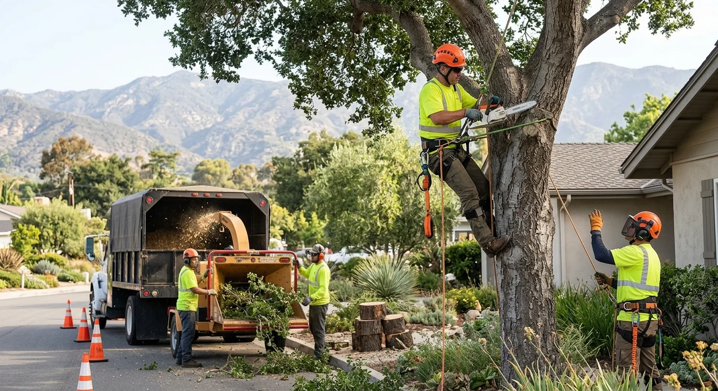 Arborist making a clean pruning cut on a mature backyard tree in Carpinteria