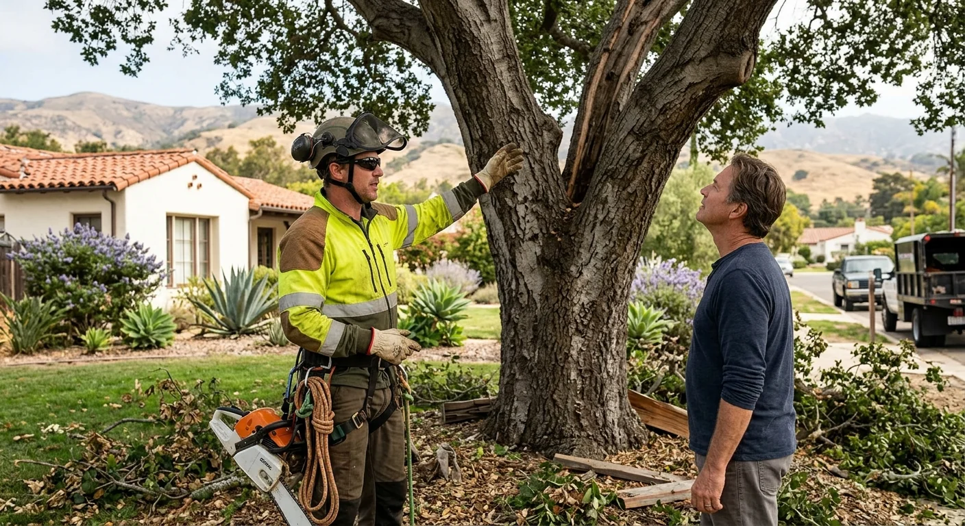 Overgrown tree canopy with dead limbs needing pruning at a Carpinteria home