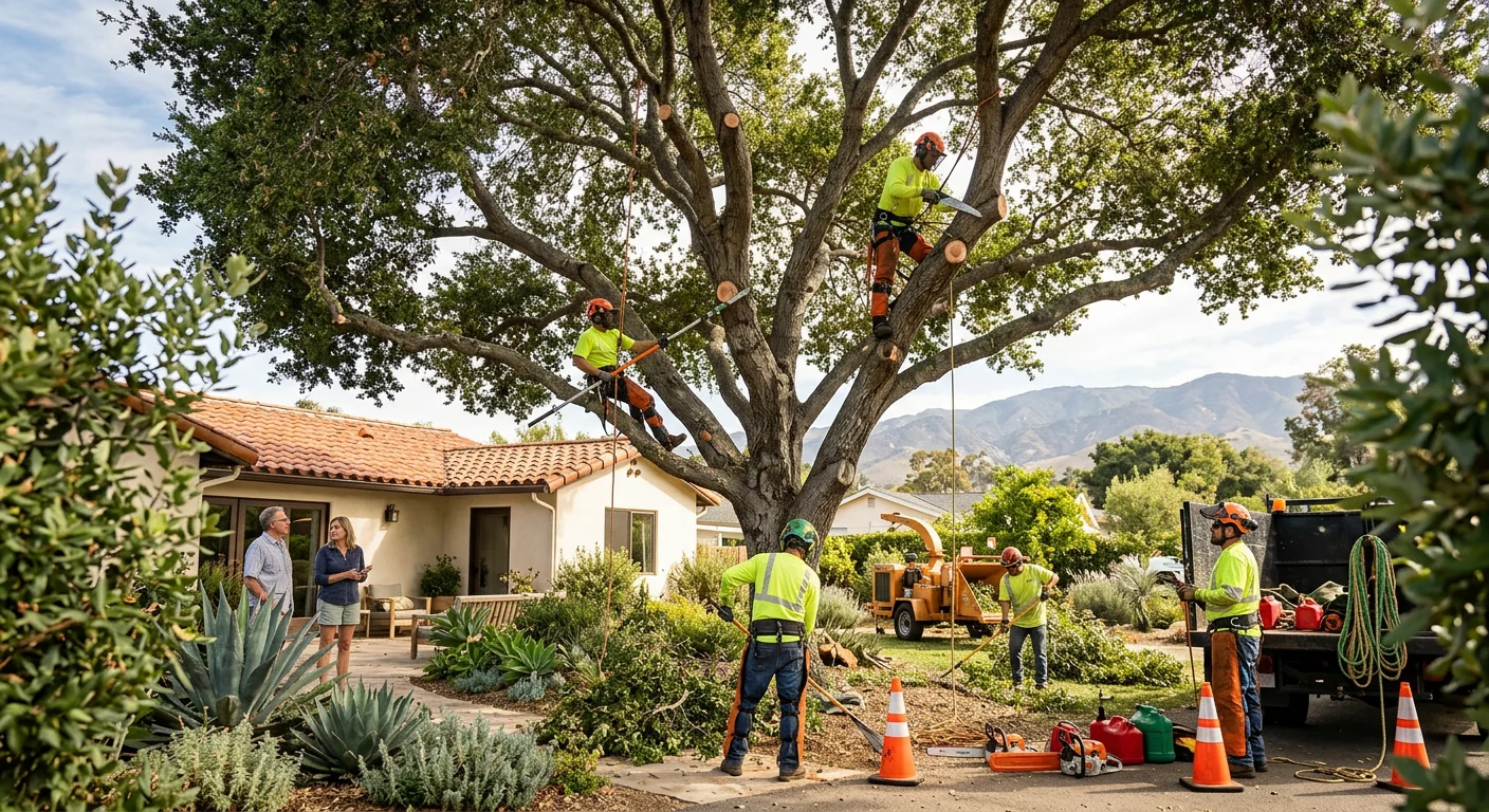 Wide shot of a pruned coastal oak canopy over a Carpinteria backyard