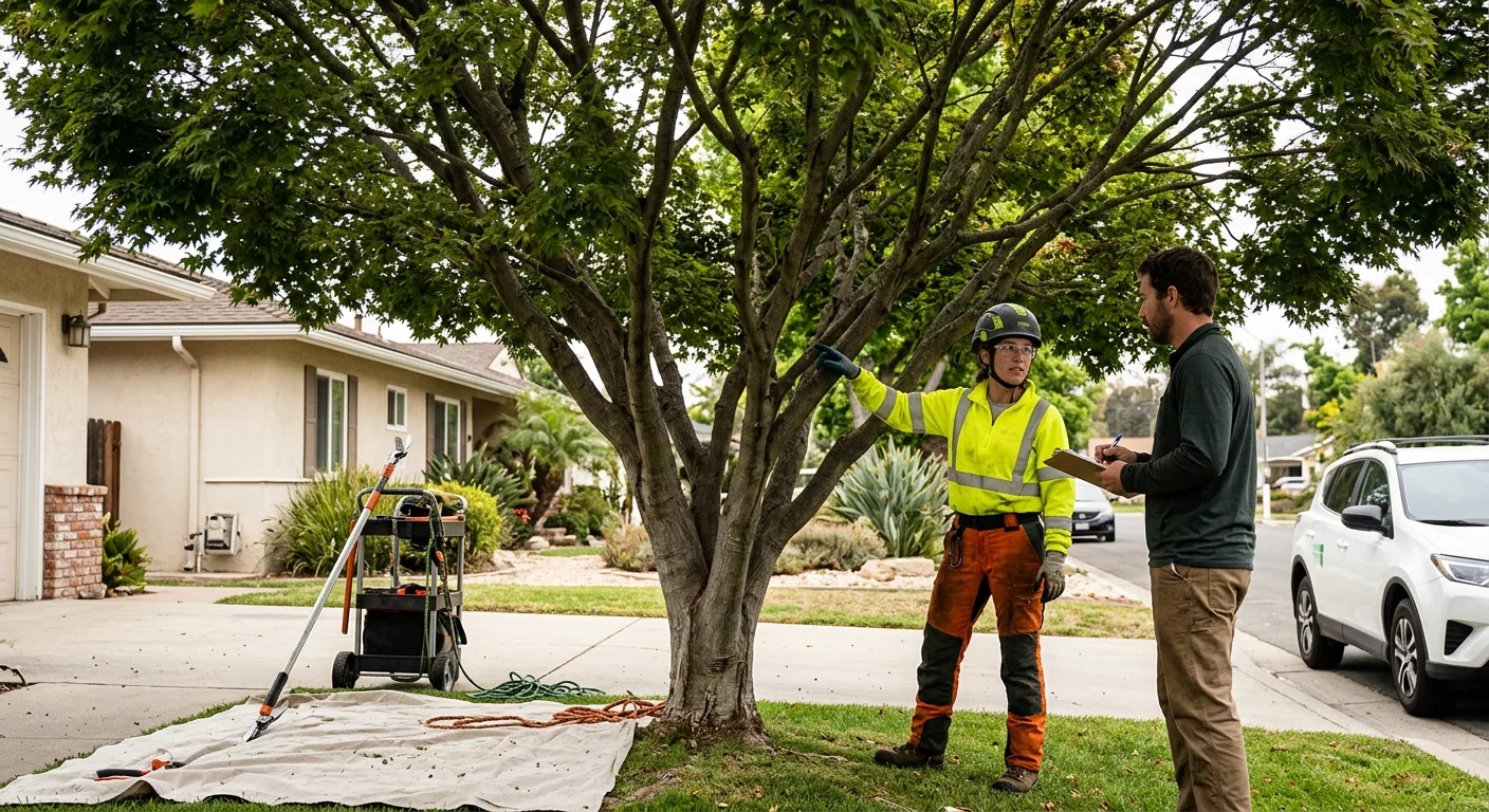 Overgrown front-yard ornamental tree before careful crown thinning work