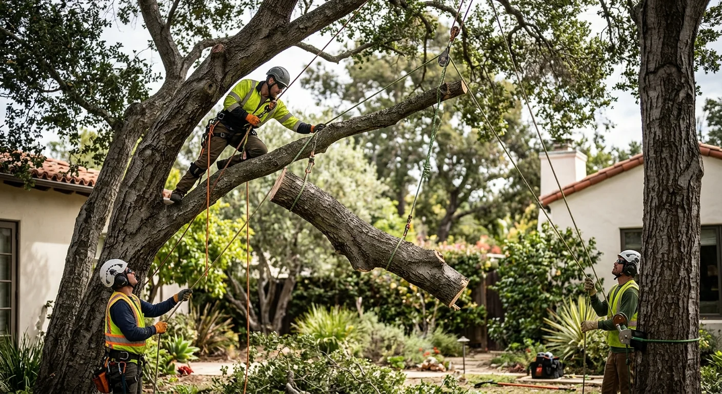 Arborist using rigging ropes to lower a large limb safely