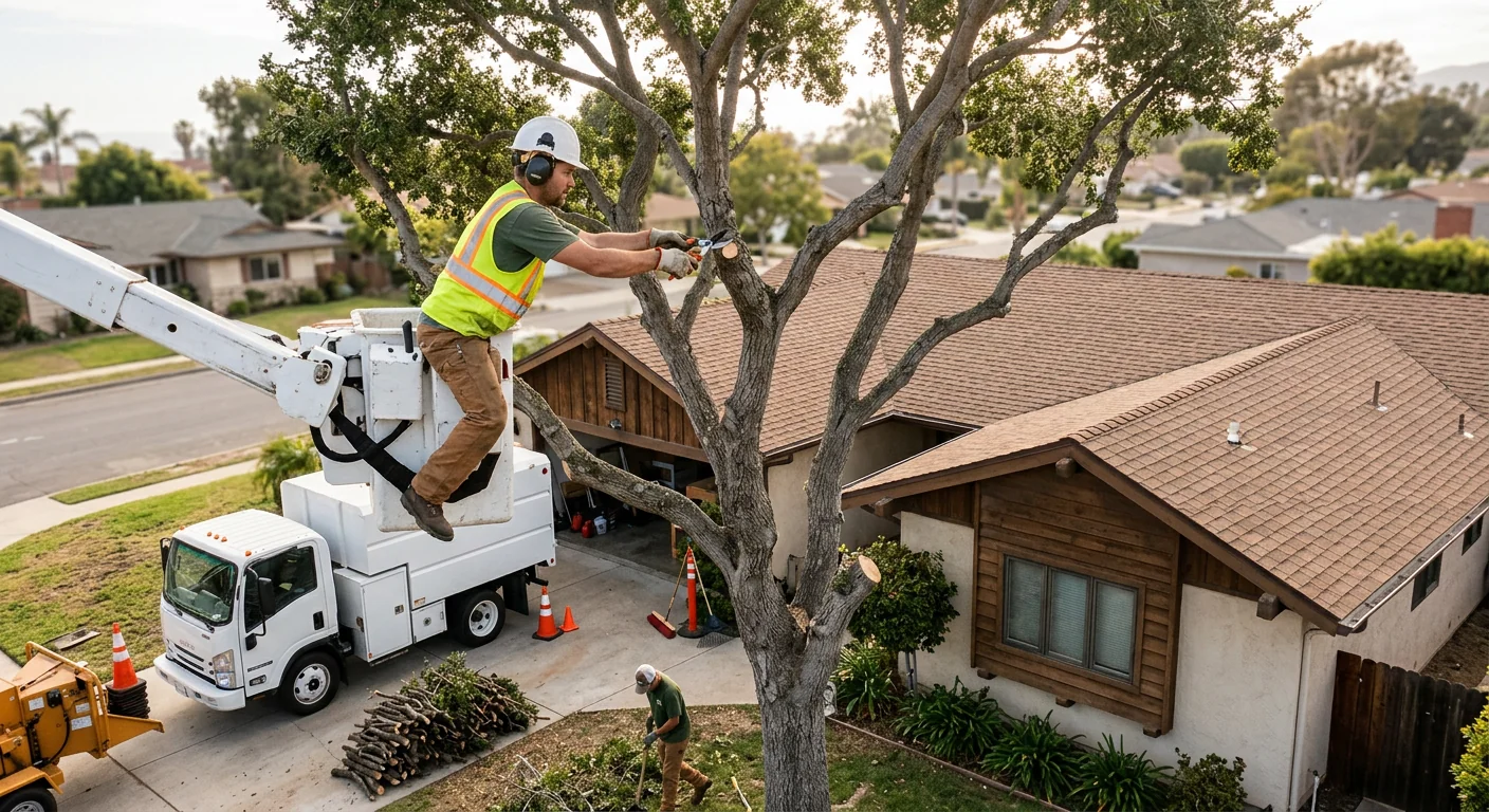 Finished pruned tree with balanced canopy beside a residential rooftop