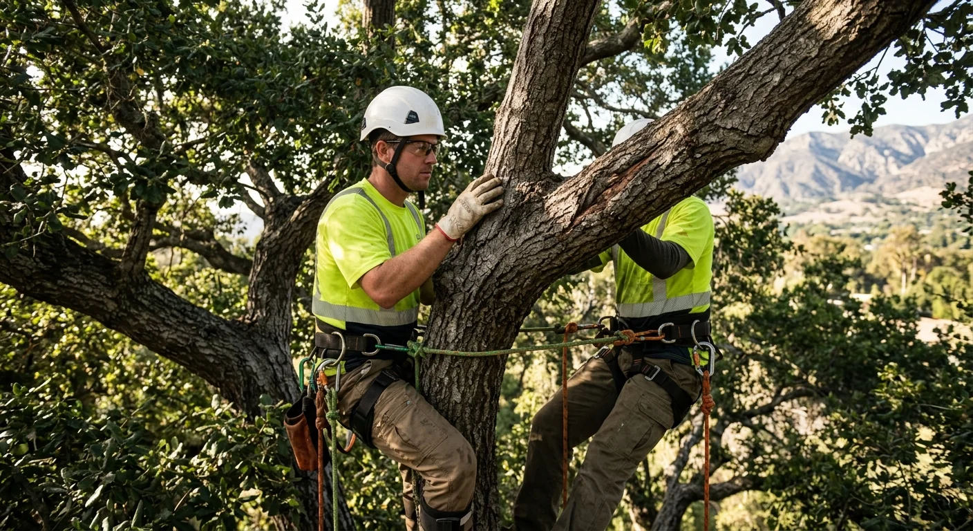 Technician inspecting weak branch unions high in a tall tree