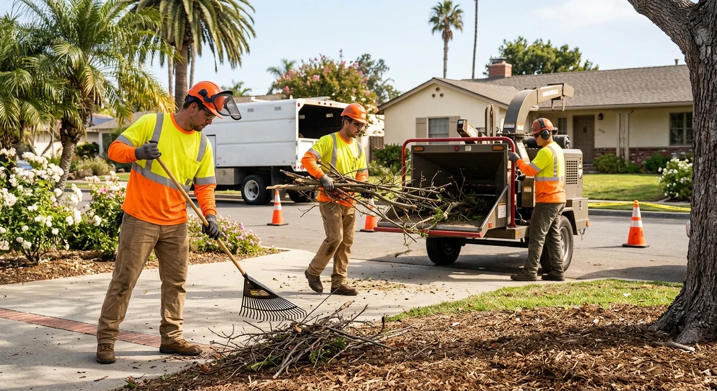 Ground crew clearing pruned branches and debris from a tidy work zone