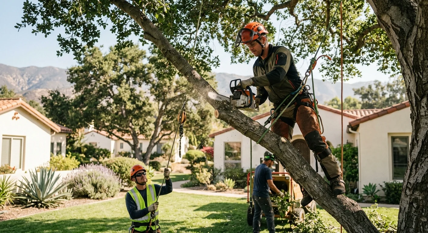 Certified climber making controlled reduction cuts on a residential tree in Carpinteria