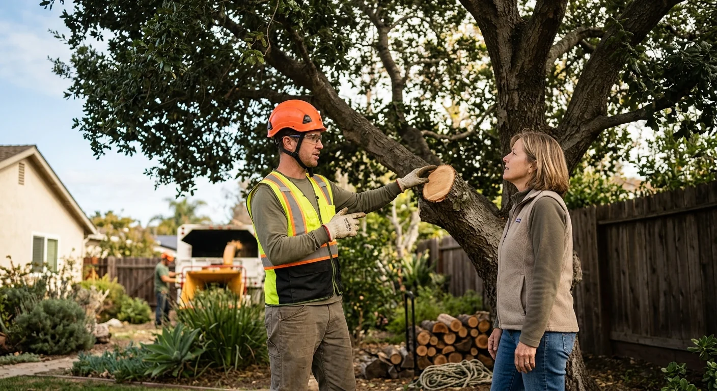Trained technician reviewing pruned canopy and clean cuts with a local homeowner