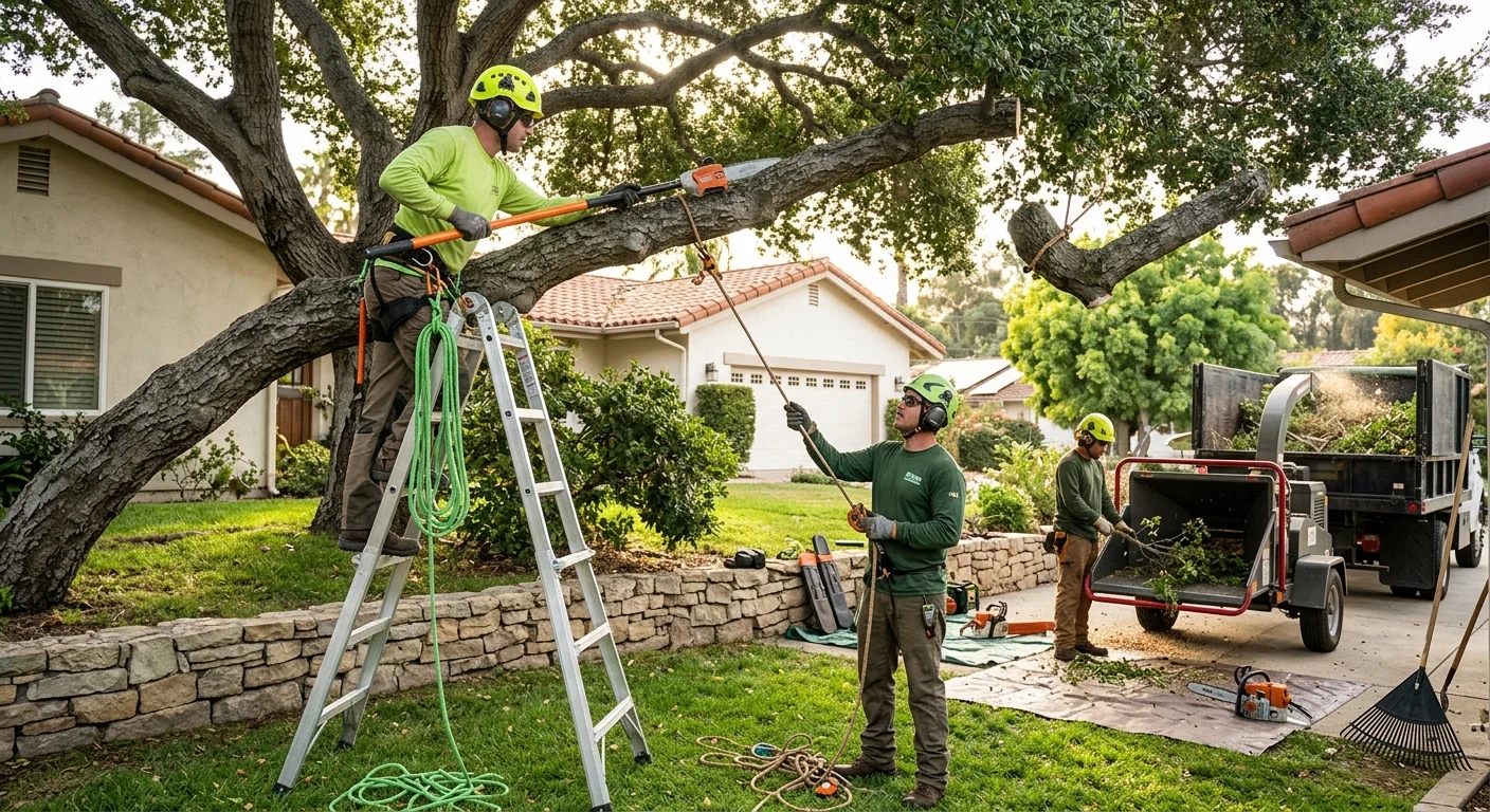 Arborist assessing a large coastal tree before removal at a Carpinteria home