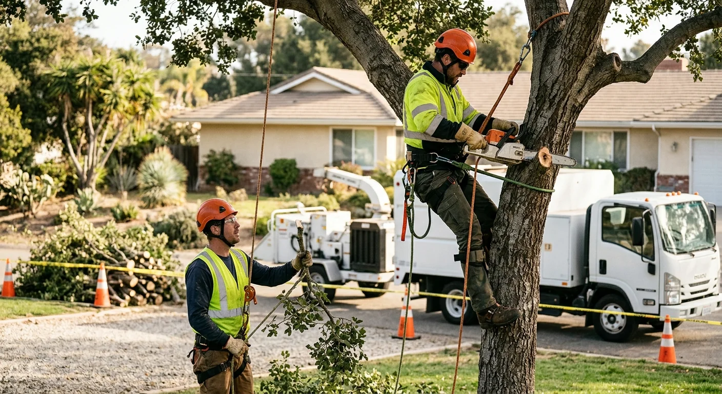 Tree service crew preparing to safely remove a large tree from a Carpinteria yard