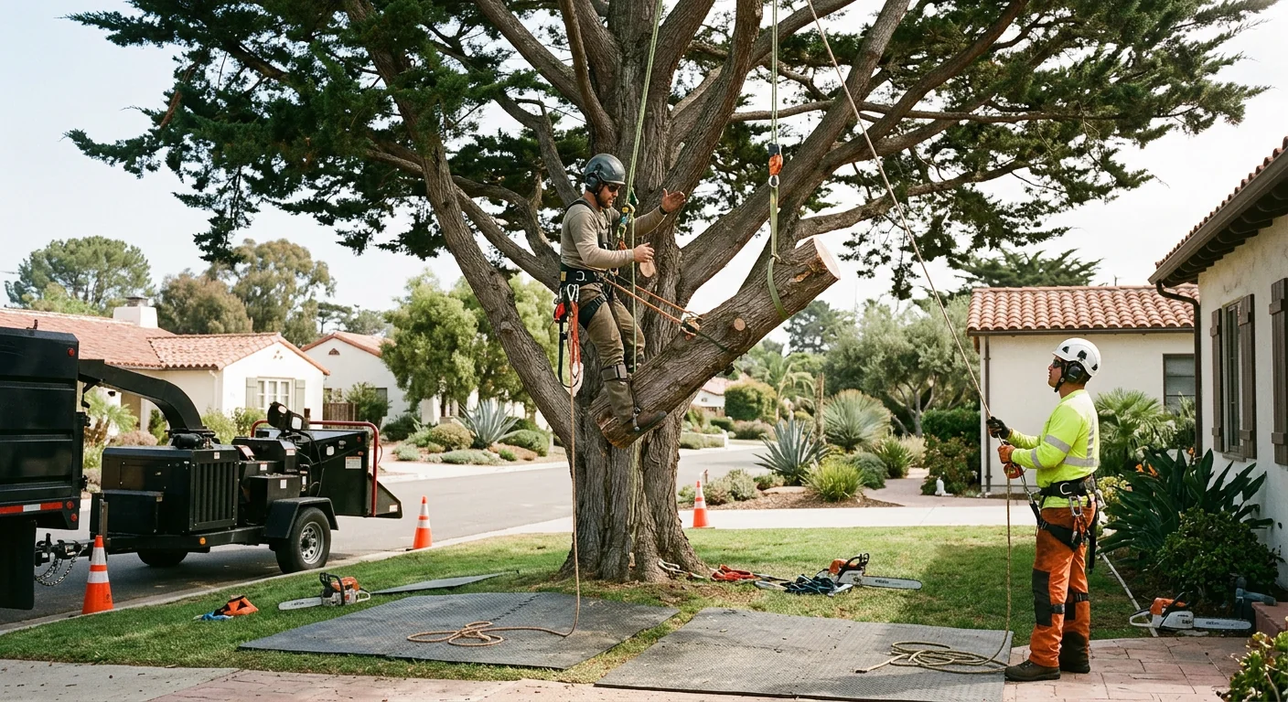Tree service crew safely sectioning a large tree in a Carpinteria backyard