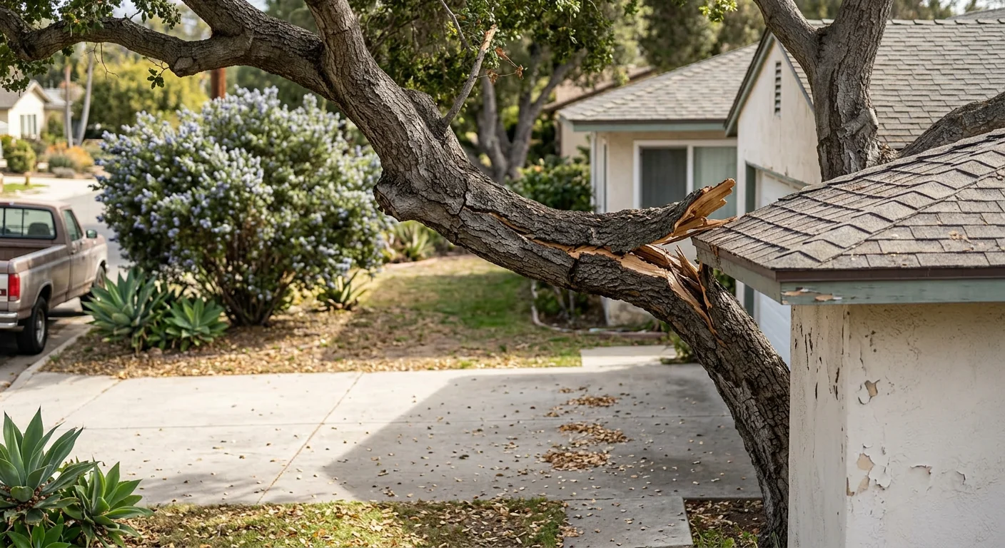 Leaning tree with cracked root plate beside a Carpinteria home