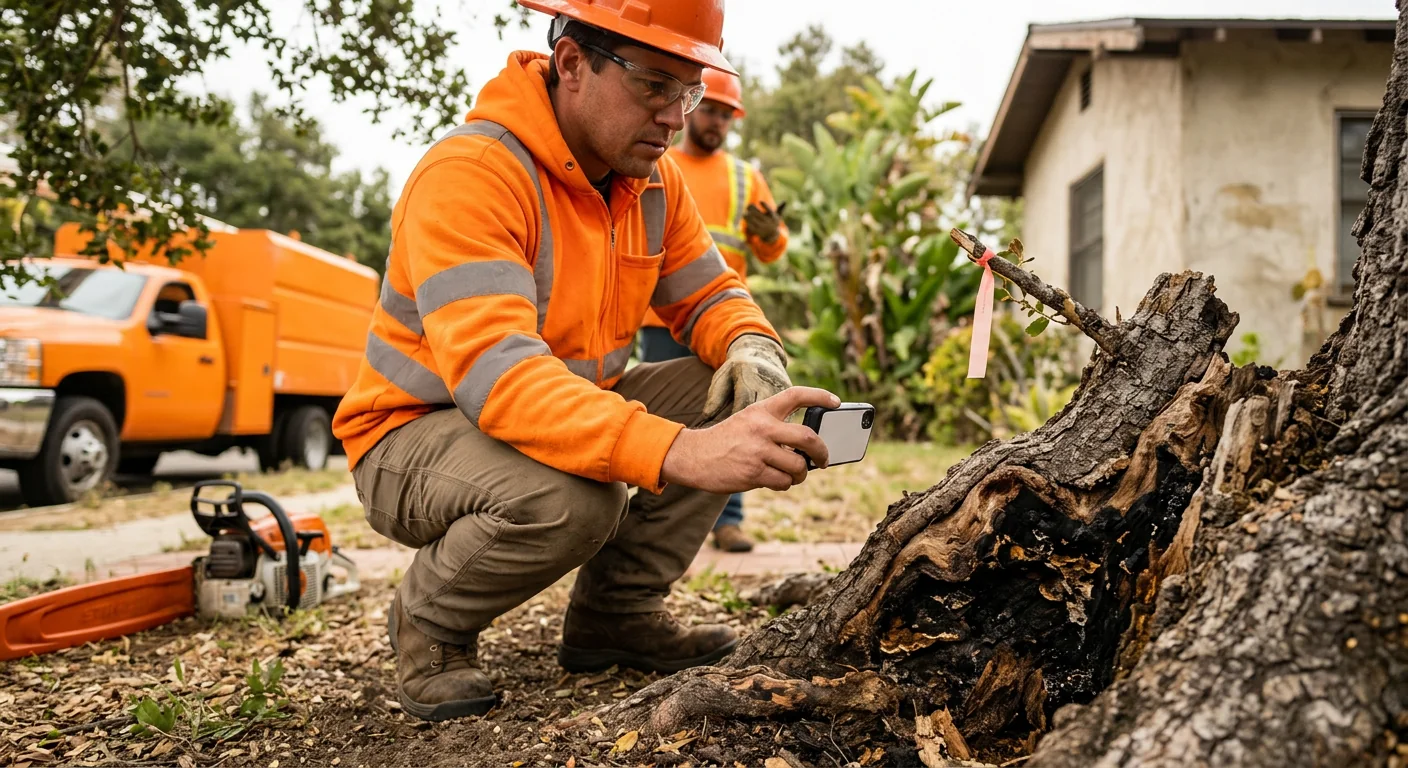 Arborist inspecting decayed trunk base before controlled tree removal
