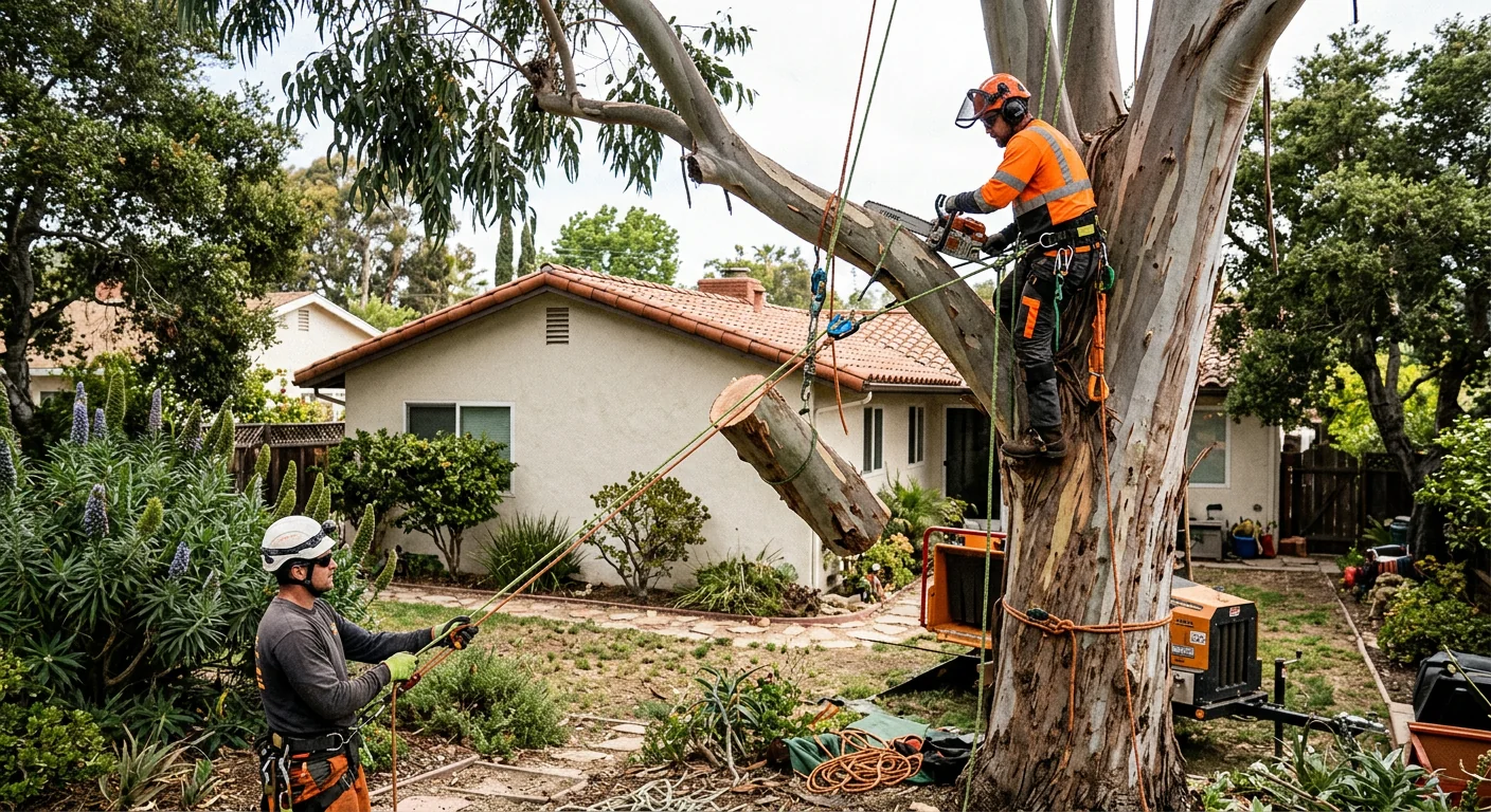 Large coastal eucalyptus being sectioned with rigging ropes above a Carpinteria backyard