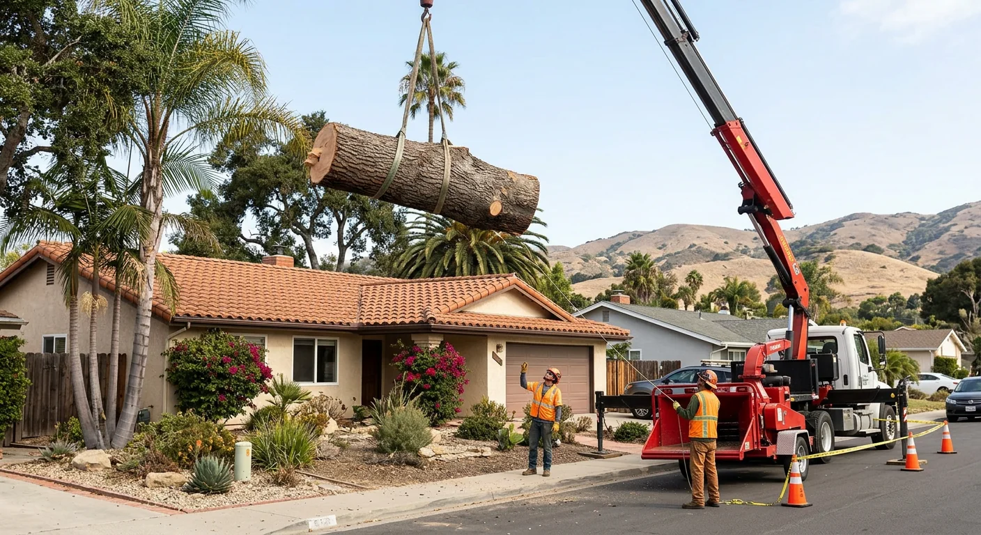 Crane lifting a heavy trunk section away from a residential rooftop
