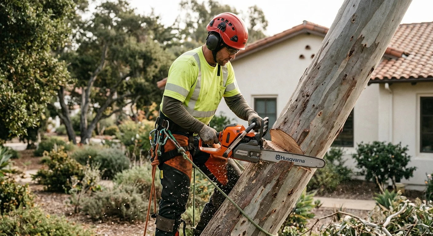 Close-up of an arborist making a controlled cut on a leaning trunk