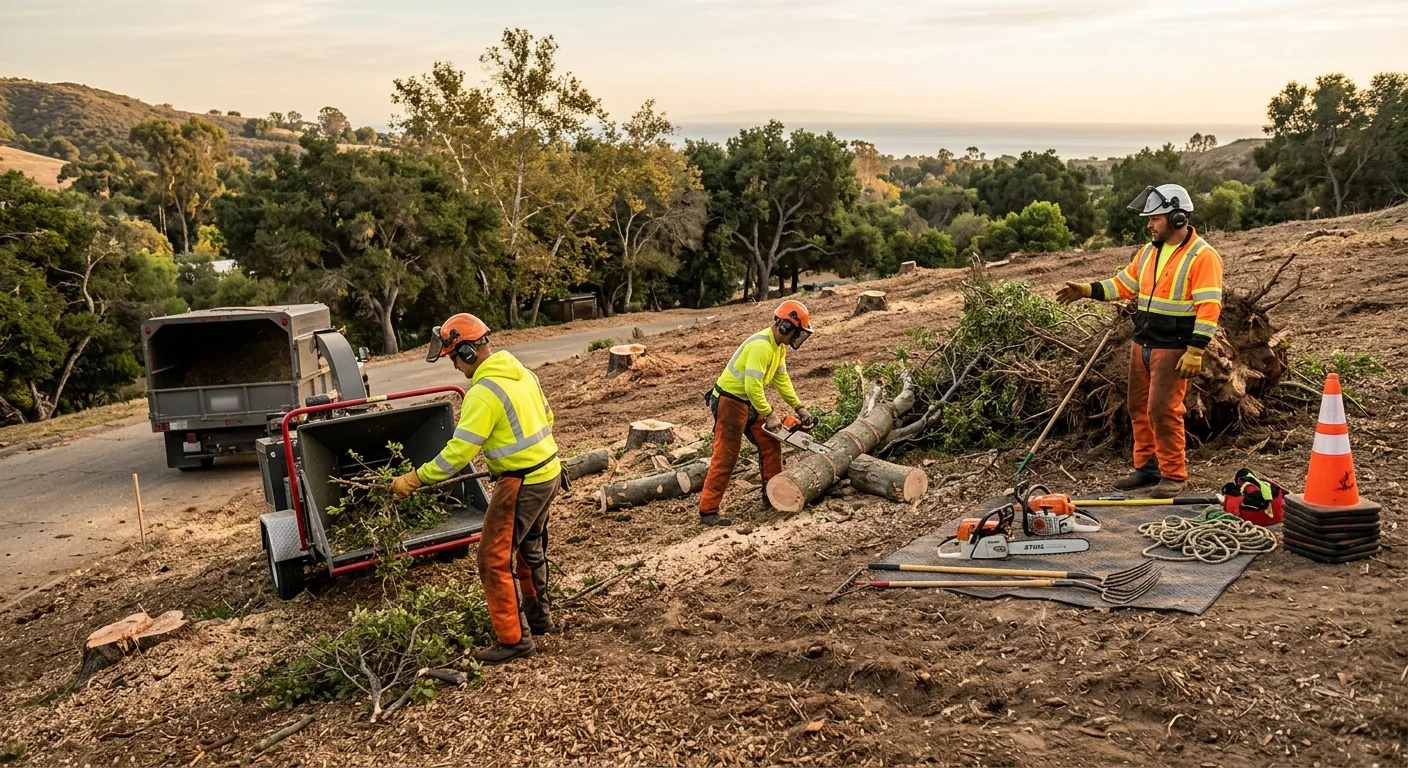 Wide view of a cleared hillside lot after multiple trees were removed