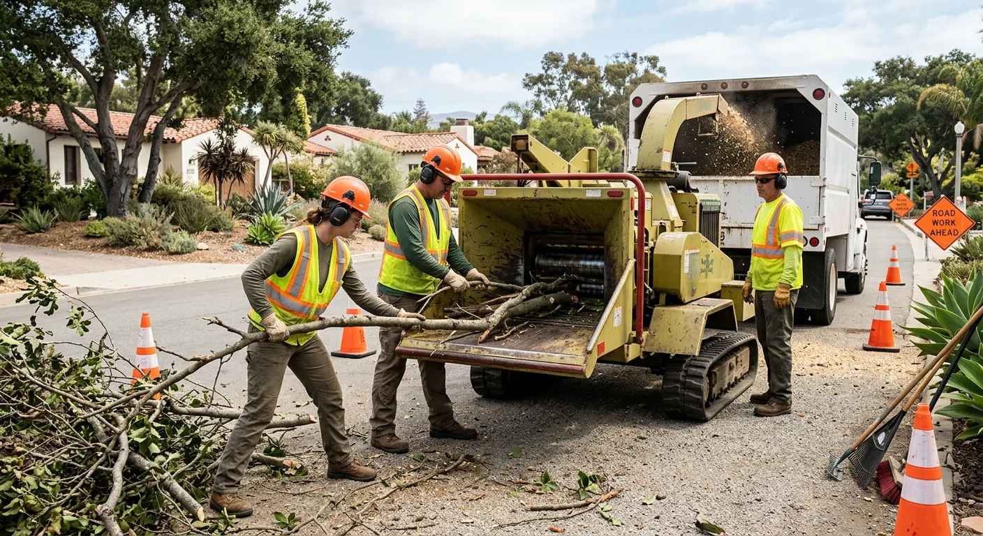 Ground crew feeding branches into a wood chipper during cleanup