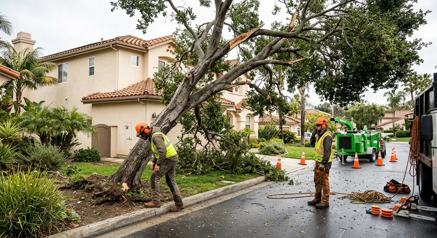 Storm-damaged tree leaning toward a home before careful removal begins