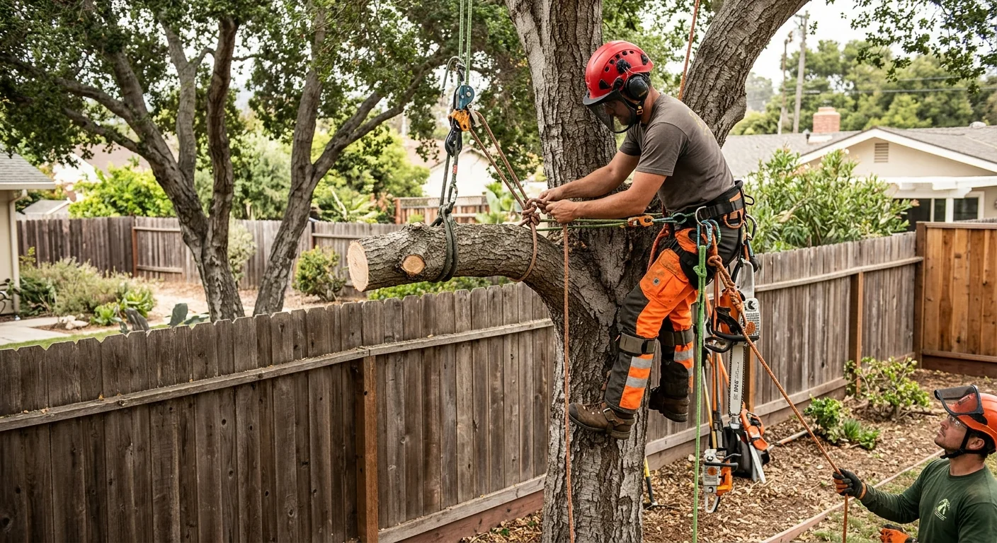 Technician in safety gear rigging a limb near backyard fencing
