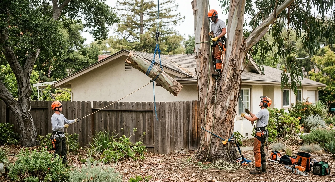 Trained crew safely lowering a rigged tree section near a Carpinteria home
