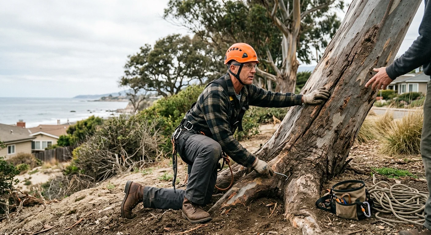 Arborist inspecting tree lean and root base before a coastal removal job