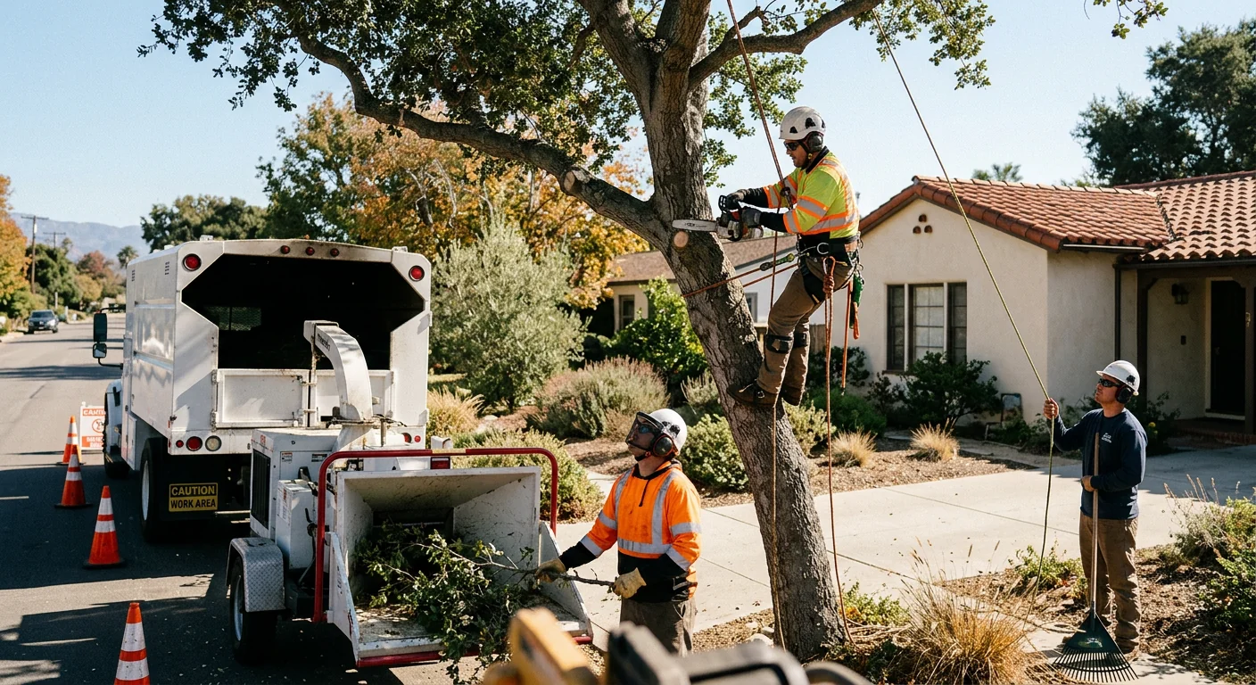 Arborist inspecting a mature backyard tree during a Carpinteria risk assessment visit