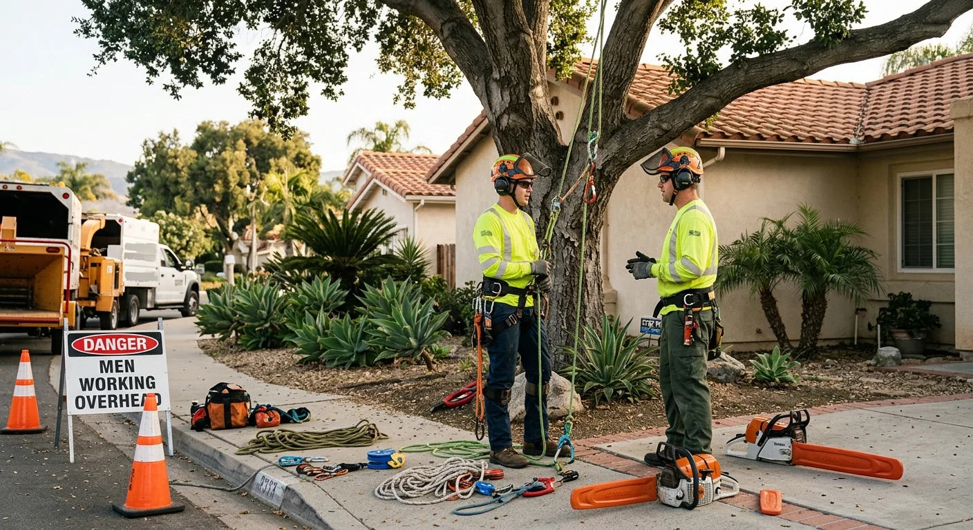 Arborist inspecting a mature backyard tree during a Carpinteria risk assessment visit