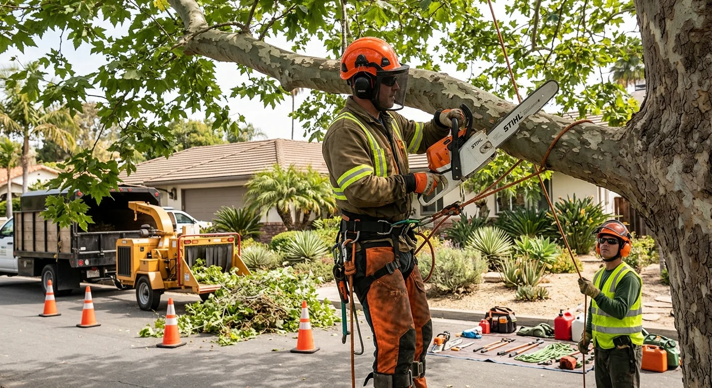 Arborist inspecting a mature tree trunk for decay in a Carpinteria yard