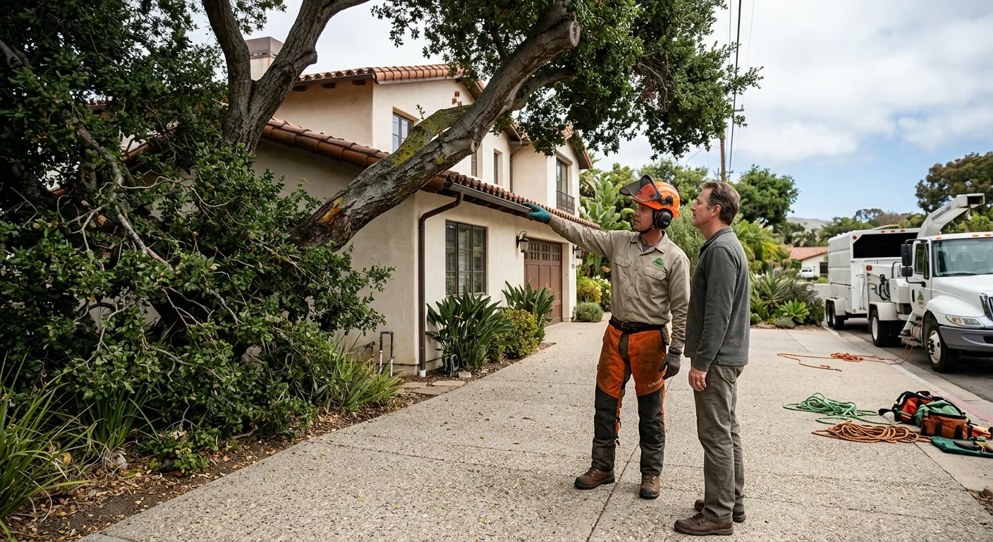 Leaning tree with cracked bark flagged during a risk inspection in Carpinteria