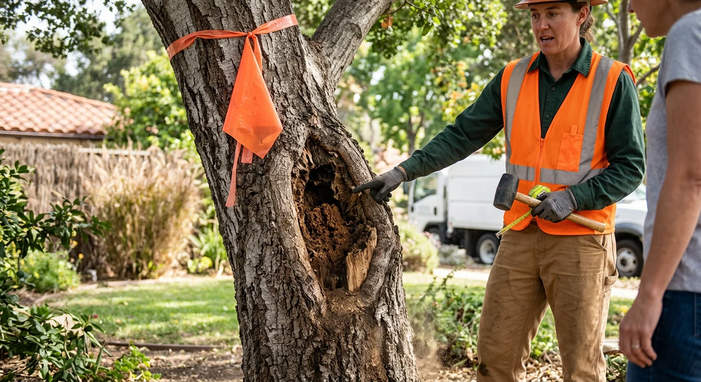 Close-up of decayed trunk cavity flagged during a Carpinteria tree risk inspection