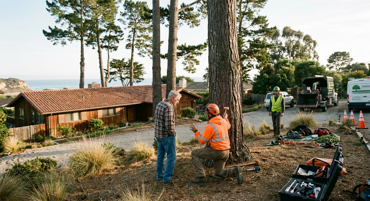 Wide view of a coastal backyard with tall pines under structural review