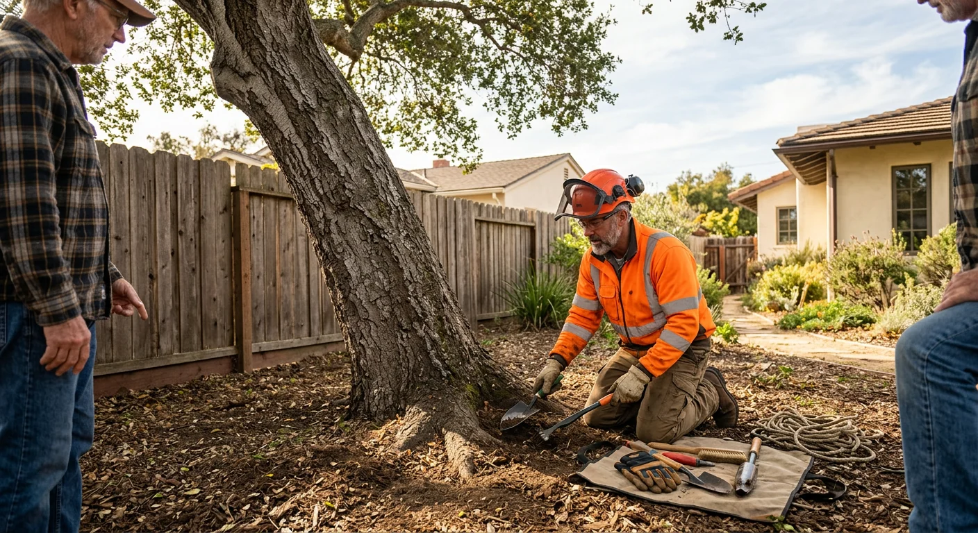 Arborist examining root collar of a leaning oak near a residential fence