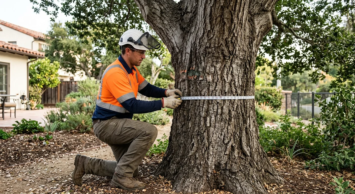 Technician measuring trunk diameter on a mature tree during assessment