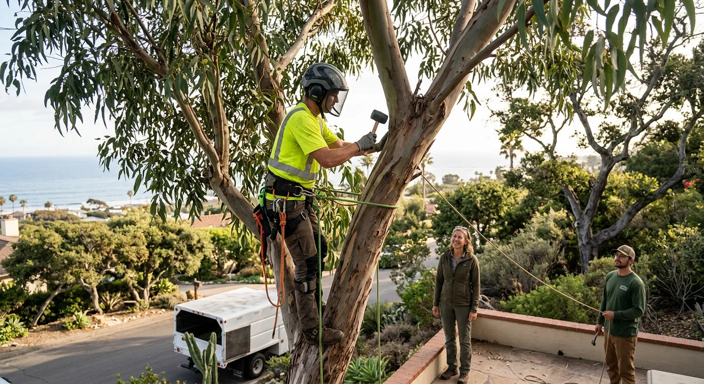 Canopy inspection of a tall eucalyptus on a Carpinteria hillside lot