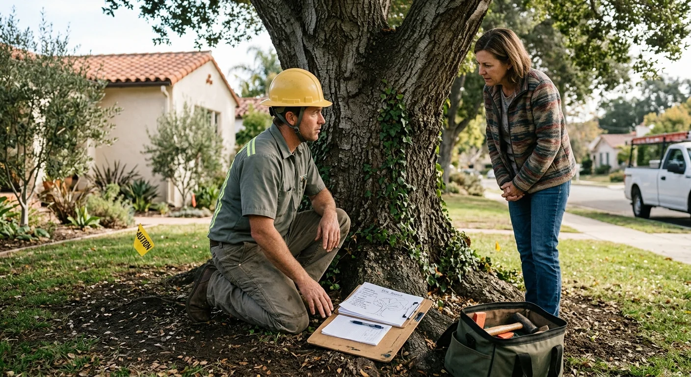 Written risk report placed beside inspected tree on a residential property