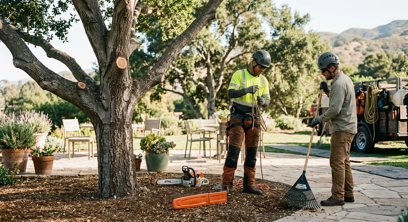 Finished assessment site with healthy trimmed tree beside a family patio