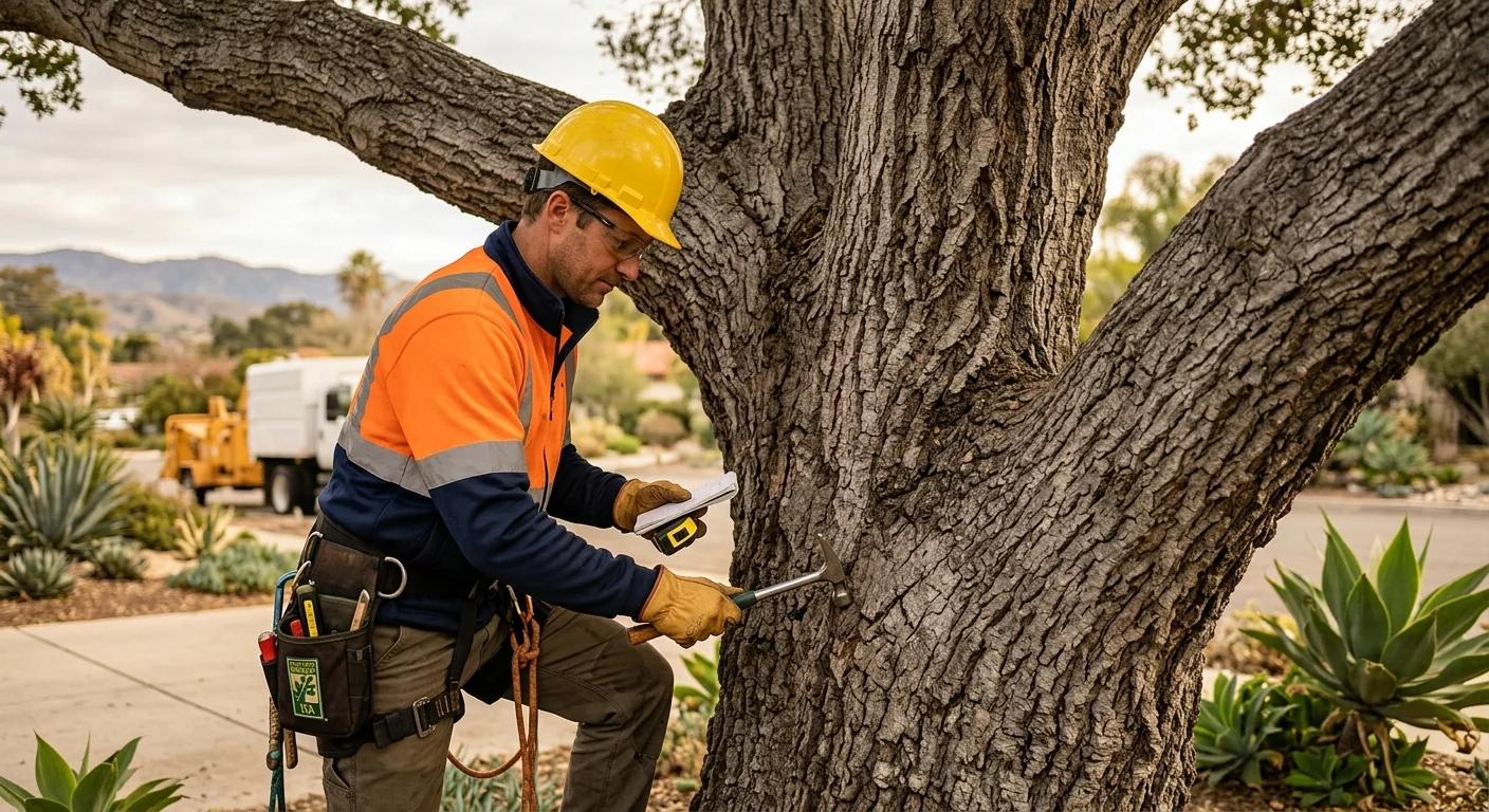 Trained technician inspecting a mature tree trunk during a Carpinteria risk assessment