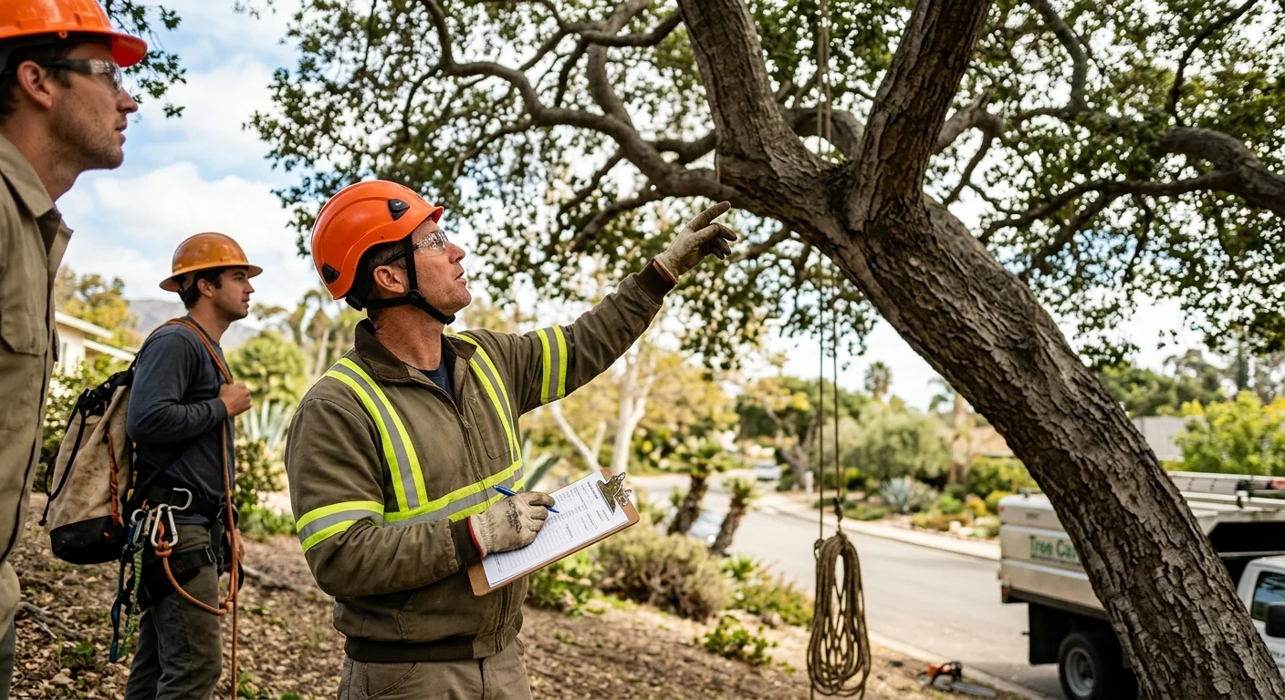 Arborist reviewing canopy structure and lean while documenting tree health concerns