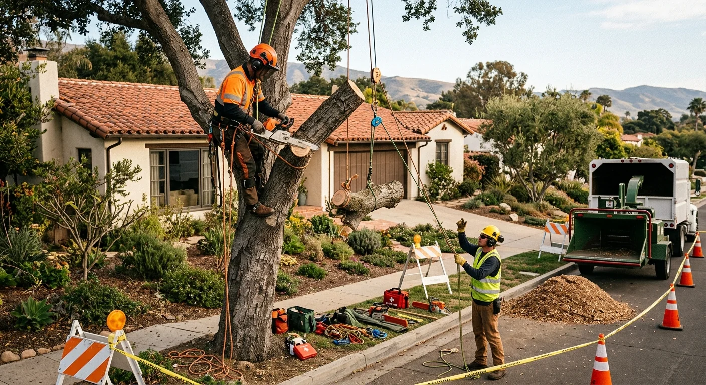 Workers clearing storm-damaged branches from a Carpinteria backyard