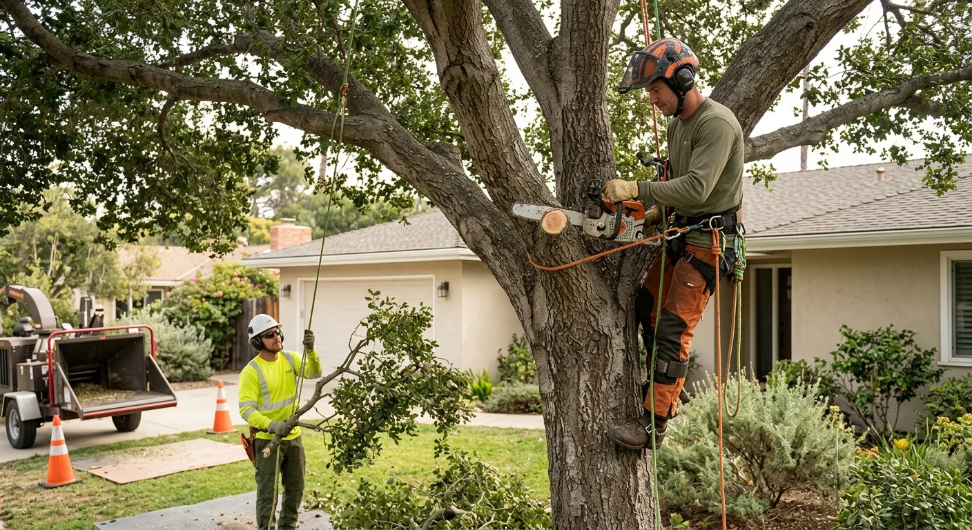 Arborist pruning a mature tree canopy over a residential Carpinteria yard