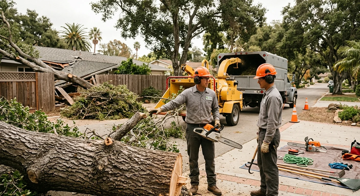 Technician inspecting trunk structure during a Carpinteria tree risk assessment