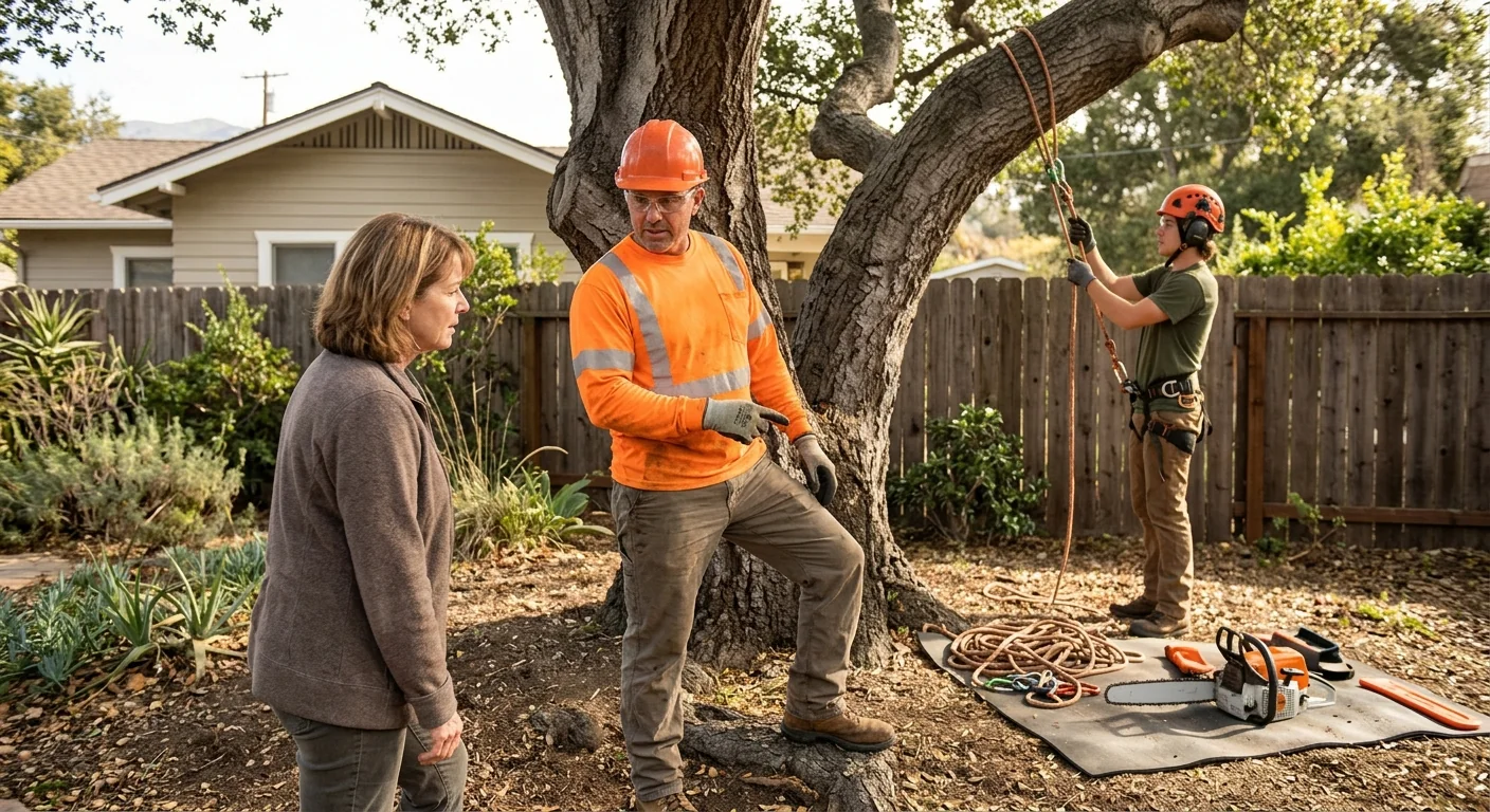 Carpinteria homeowner reviewing completed tree work with service technician during a walkthrough