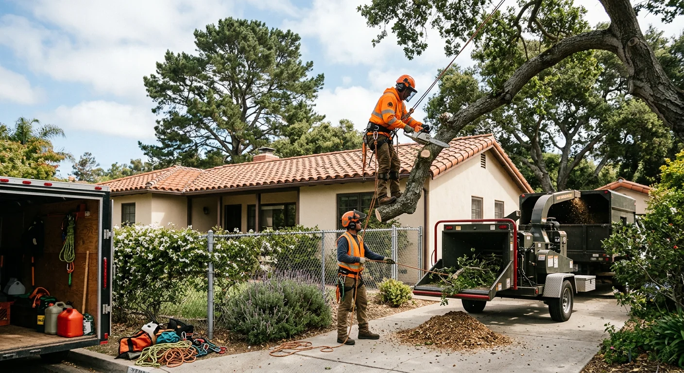 Close-up of a pruning saw and safety gear on a work truck