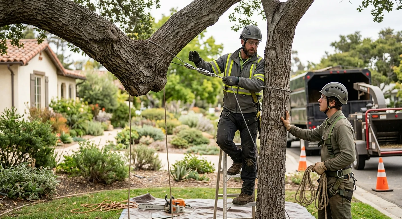Friendly tree service crew reviewing a safe removal plan at a Carpinteria home