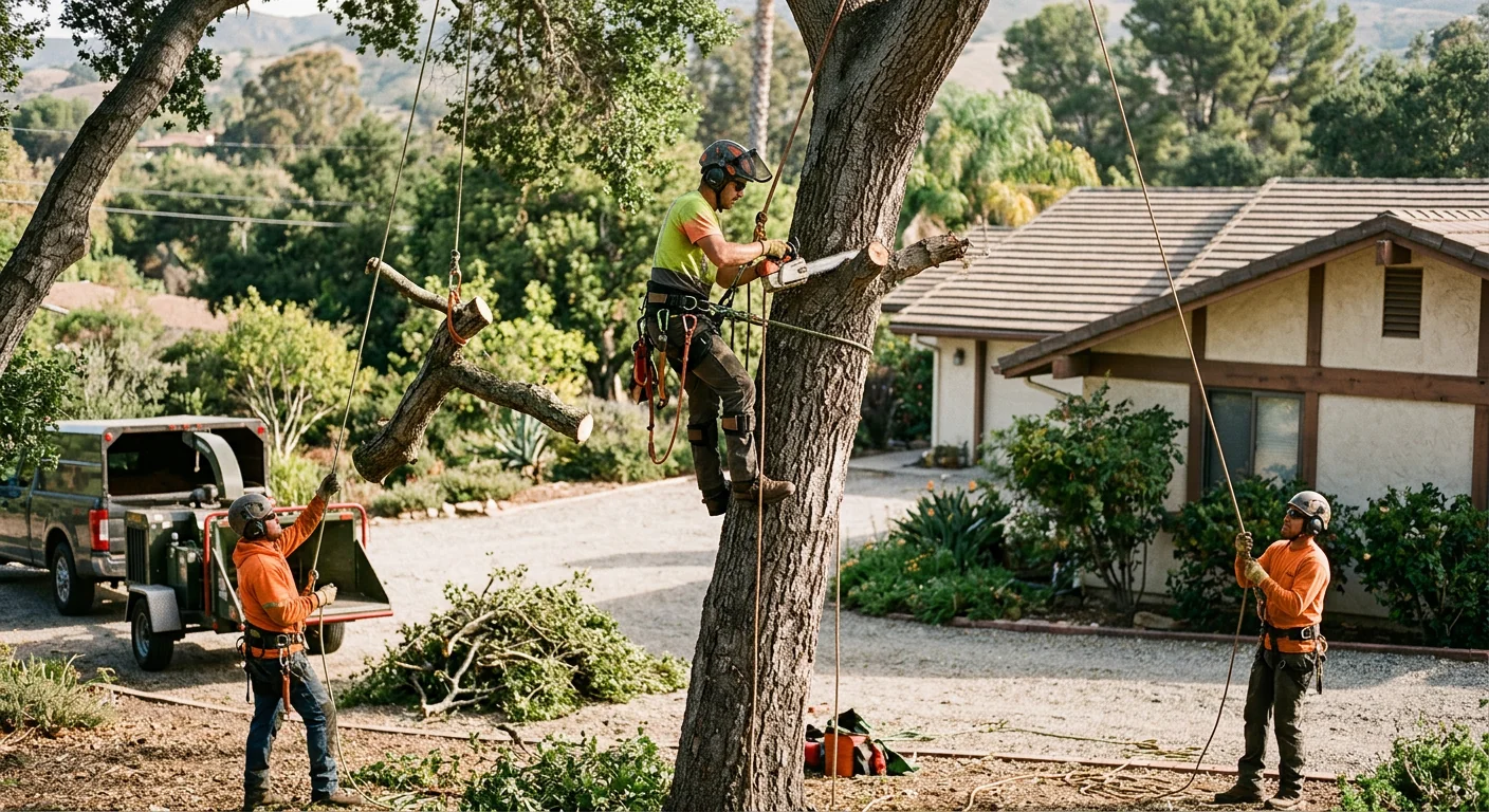 Tree service crew unloading rigging gear at a Carpinteria hillside property
