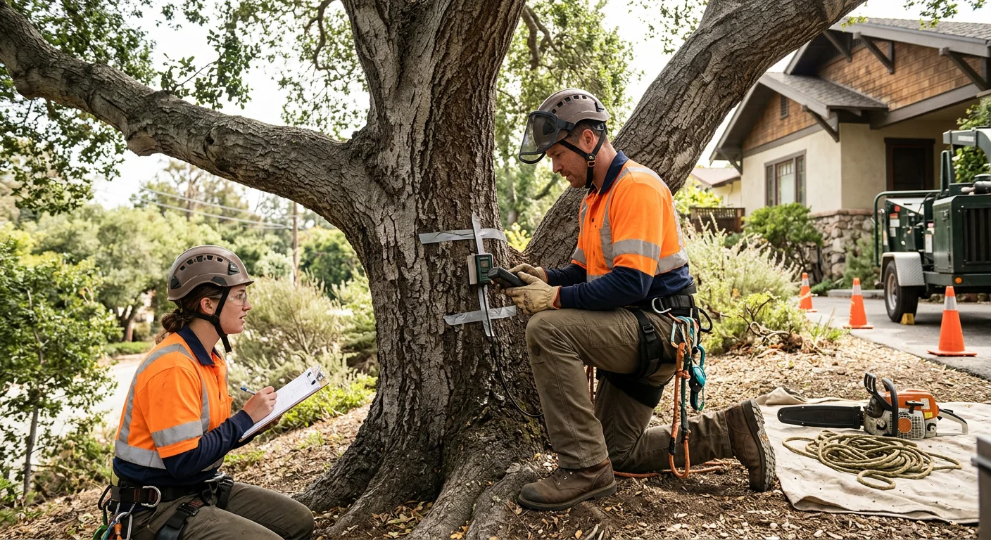 Technician inspecting a backyard tree and preparing a written estimate for a Carpinteria homeowner