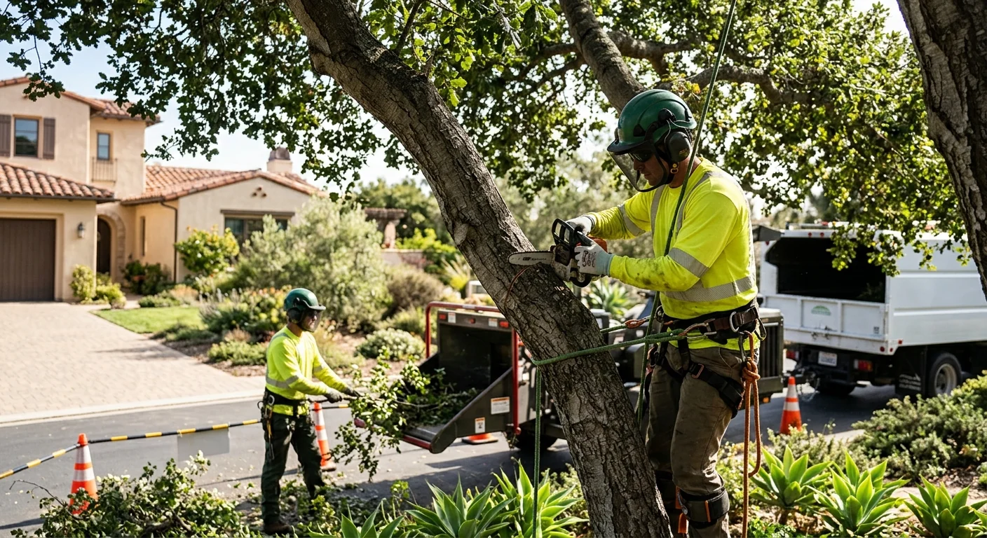 Arborist reviewing a tree assessment with a homeowner in a Carpinteria yard