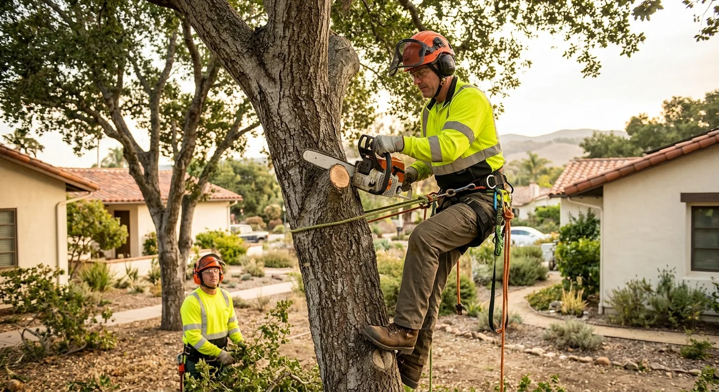 Tree crew reviewing a service map across residential Carpinteria neighborhoods and foothill properties